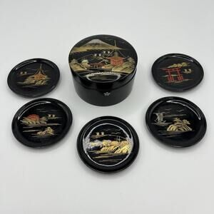 Japan Set of 5 Sake Coasters in Round Case Asian Themed Antique Cup‎ Stand